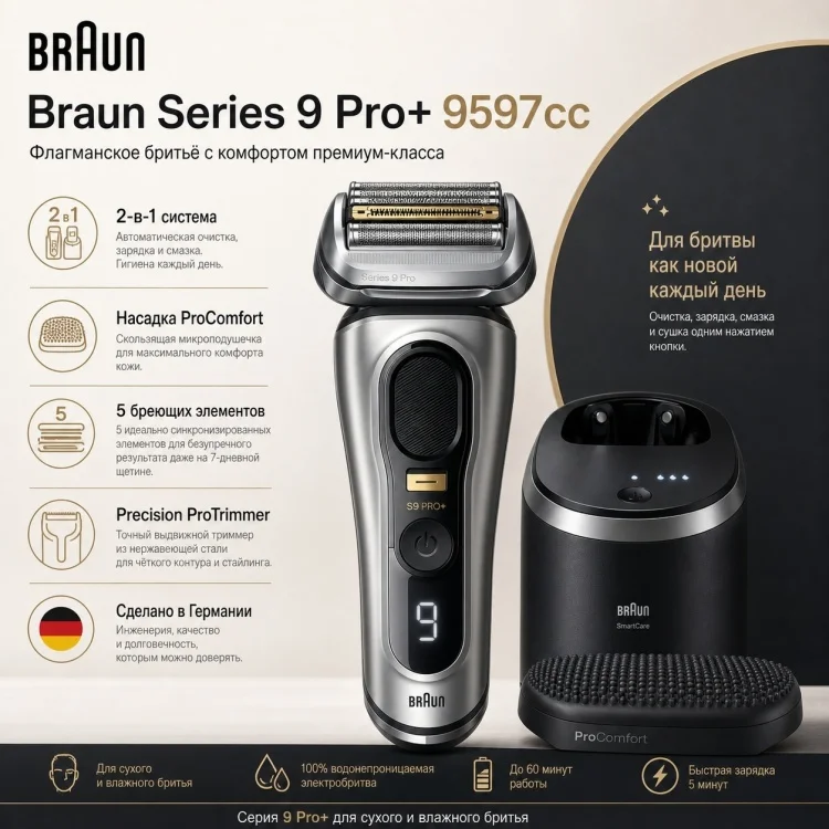 Электробритва Braun Series 9 Pro+ 9597cc черно-серебристая купить,NaN