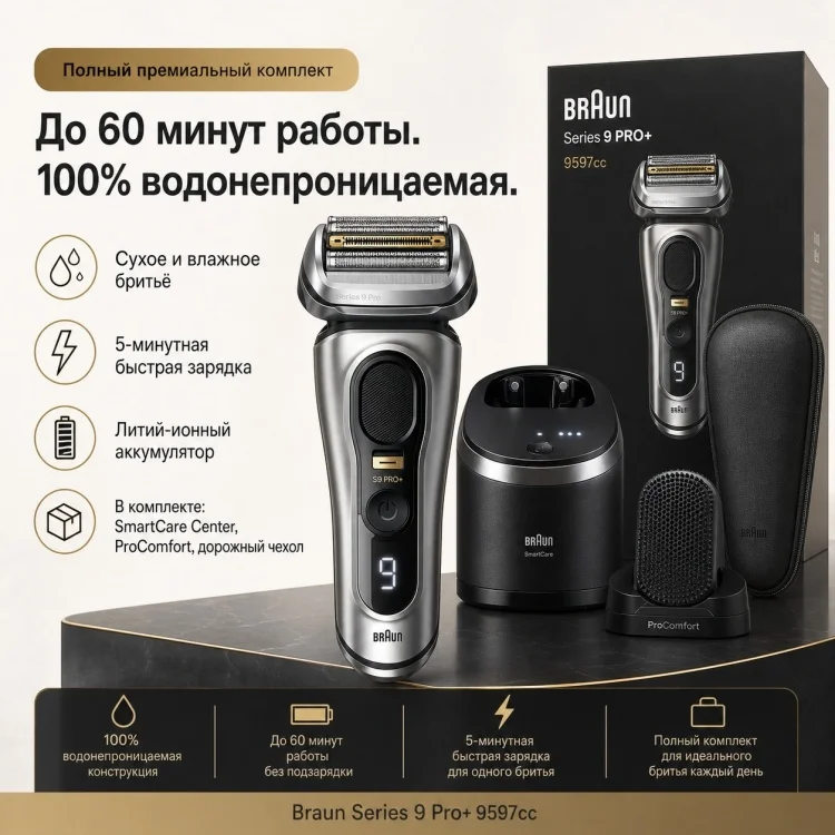 Электробритва Braun Series 9 Pro+ 9597cc черно-серебристая купить,NaN