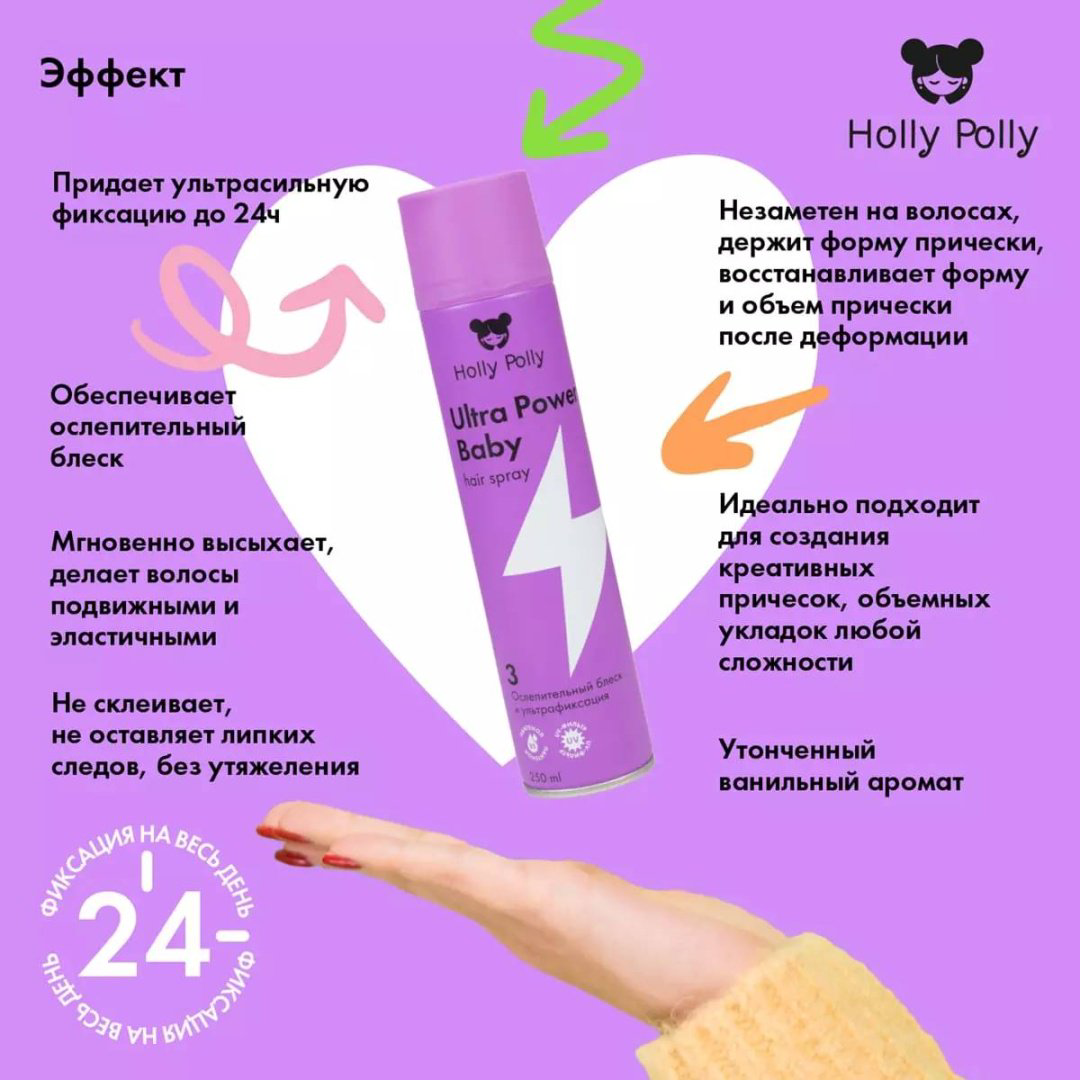HOLLY POLLY Ultra Power Baby Ослепительный блеск и ультрафиксация лак ультрасильная фиксация 250 мл купить,NaN