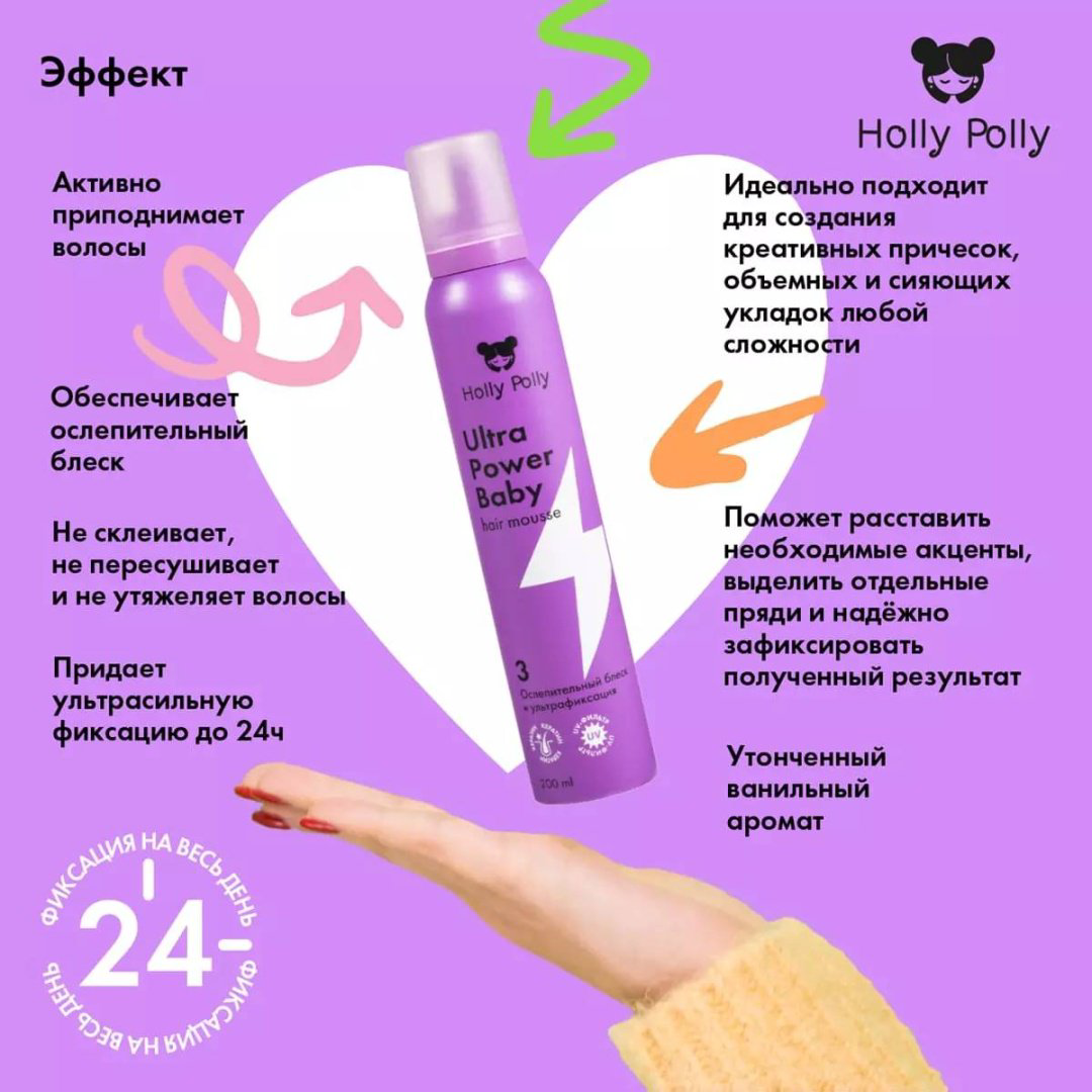 HOLLY POLLY Ultra Power Baby Ослепительный Блеск и Ультрафиксация мусс ультрасильная фиксация 200 мл купить,NaN