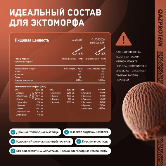 Гейнер Qazprotein Muscle Mass Gainer шоколадное мороженое 1.4 кг