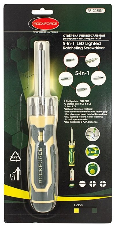 ROCKFORCE отвертка с насадками реверсивная RF-303854, 5 шт. купить,0