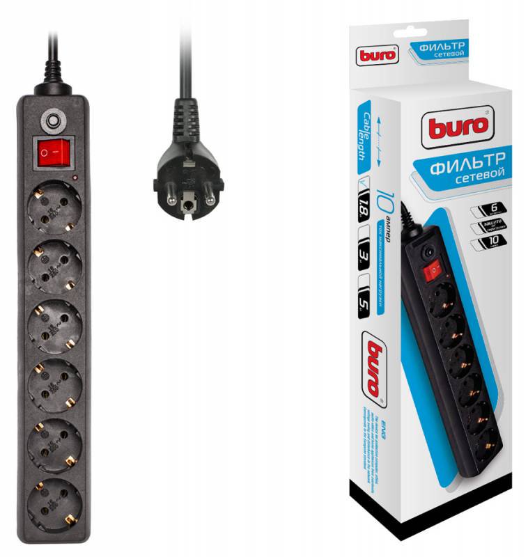 Сетевой фильтр Buro 600SH-1.8-B 1.8м черный