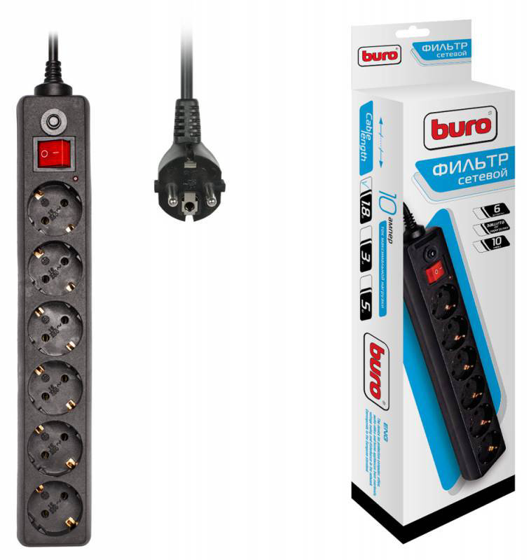 Сетевой фильтр Buro 600SH-1.8-B 1.8м черный