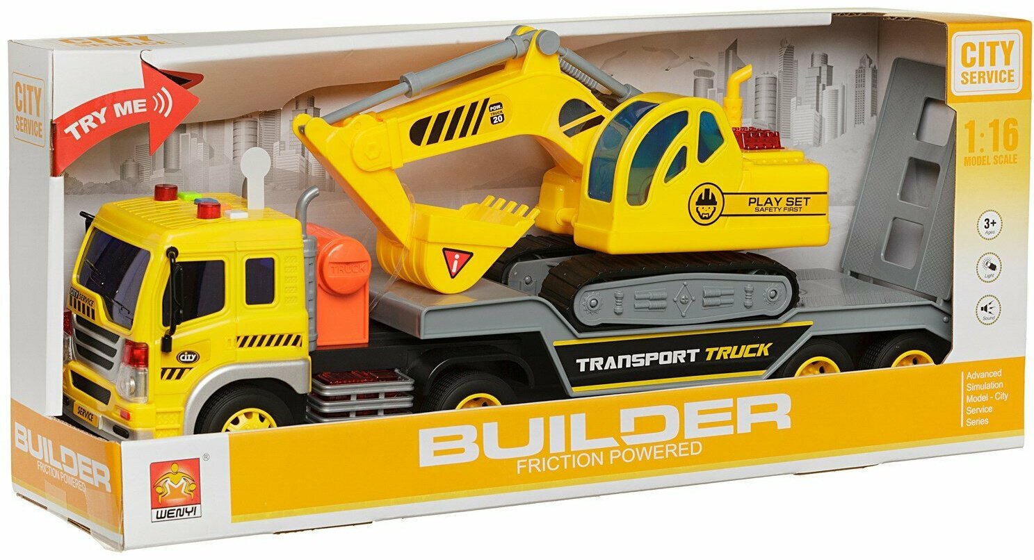 Спецтехника Junfa Toys Эвакуатор c экскаватором WC-B1329, пластик, желтый купить,NaN