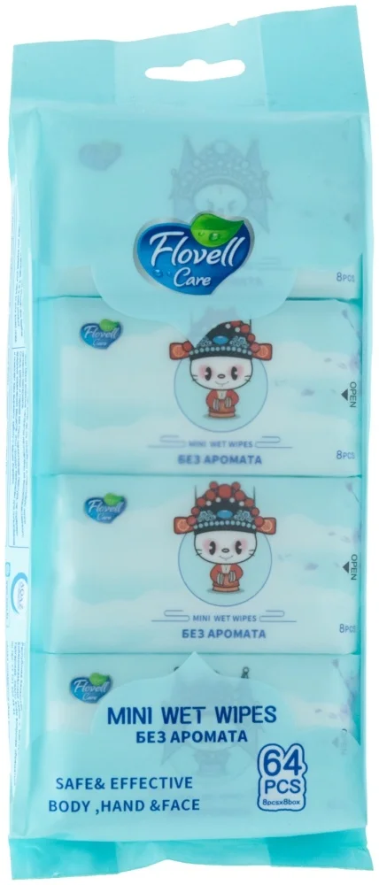 Влажные салфетки Flovell Care Mini 8х8 64шт синие купить,NaN