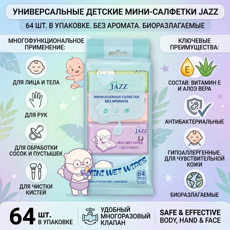 Влажные салфетки Jazz Mini Wet Wipes 8x8 64шт