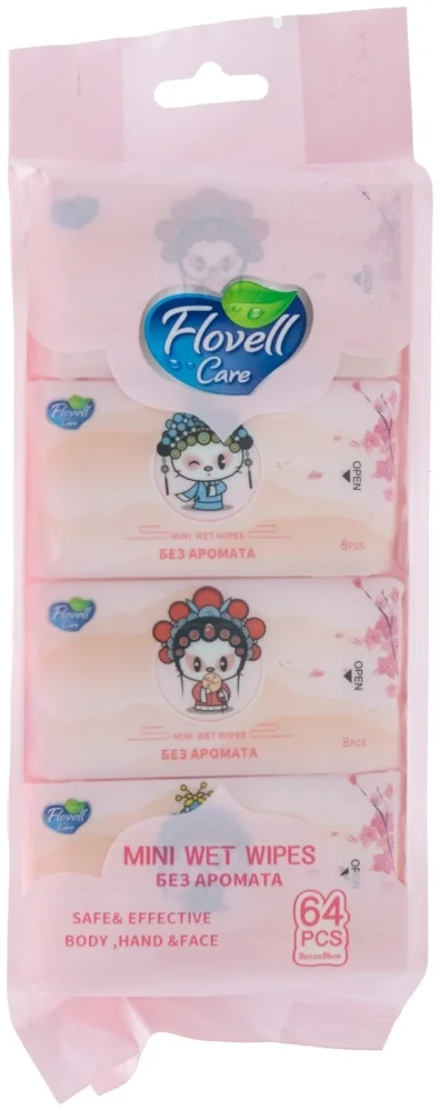 Влажные салфетки Flovell Care Mini 8х8 64шт розовые купить,NaN