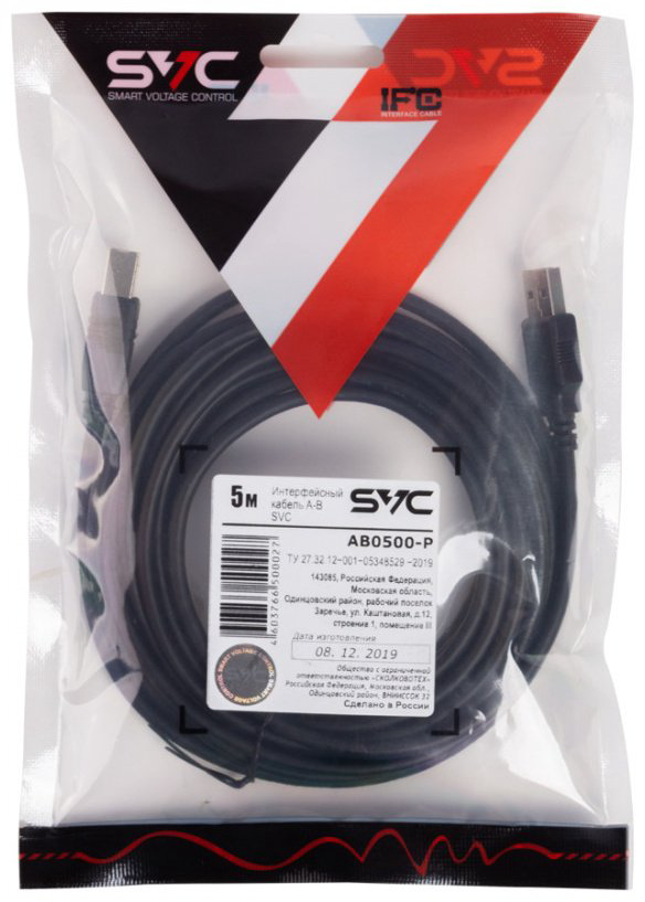 Кабель SVC USB 2.0 A - USB 2.0 B 5 м AB0500-P купить,NaN