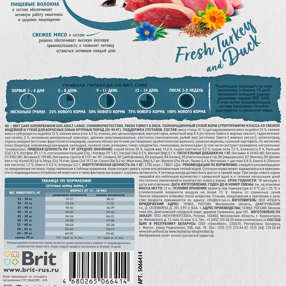 Корм Brit Care Adult Large Индейка и утка для взрослых крупных пород 12 кг купить,NaN