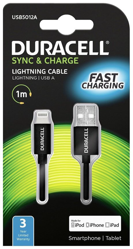 Кабель Duracell USB Type-A (F), Lightning (M), 1 м, черный