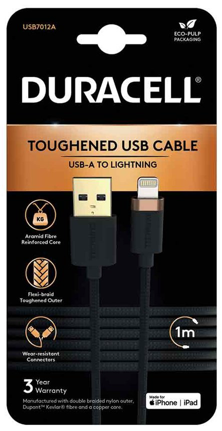 Кабель Duracell USB 2.0 (M), Lightning (M), 1 м, черный