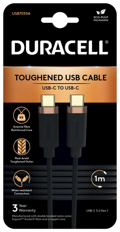 Кабель Duracell USB TypeC (M), 1 м, черный