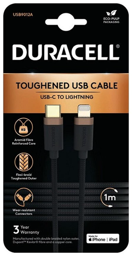 Кабель Duracell USB TypeC (F), Lightning (F), 1 м, черный