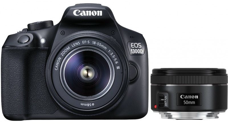 Фотокамера Canon EOS 1300D Kit 18-55 мм III + 50 мм черный купить,NaN