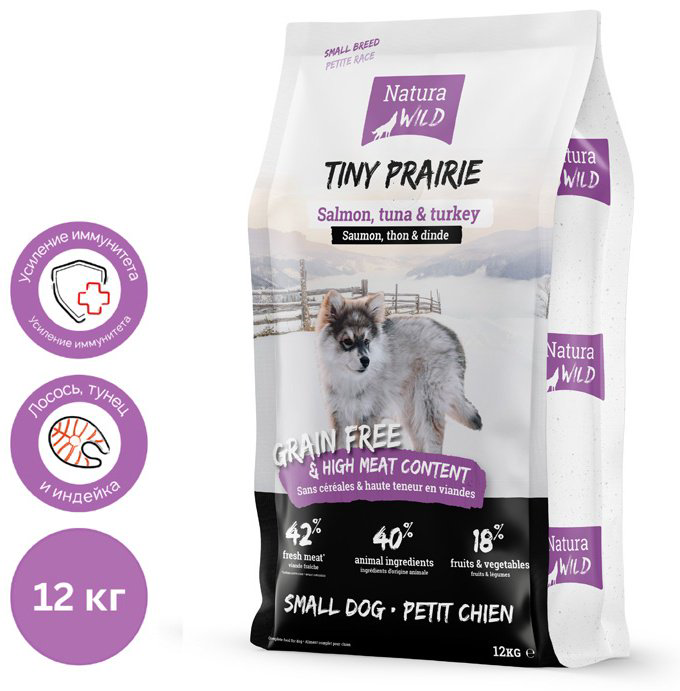 Корм Natura Wild Tiny Prairie с лососем, тунцом и индейкой для взрослых мелких пород 12 кг купить,NaN