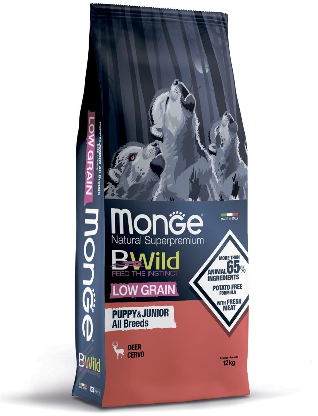 Корм Monge BWild Low Grain Оленина для щенков всех пород 12 кг