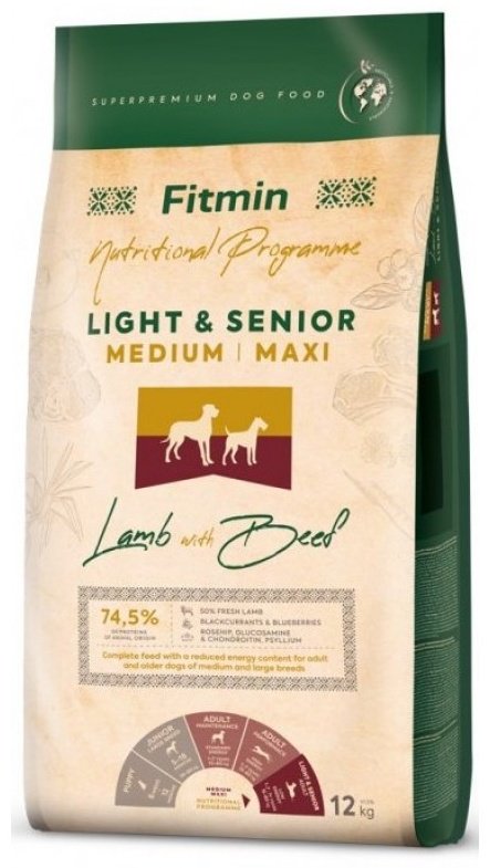 Корм Fitmin Light &amp; Senior Medium &amp; Maxi Ягненок и говядина для пожилых средних и крупных пород 12 кг