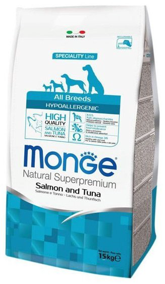 Корм Monge Hypoallergenic Лосось и тунец для взрослых всех пород склонных к аллергии 15 кг купить,NaN