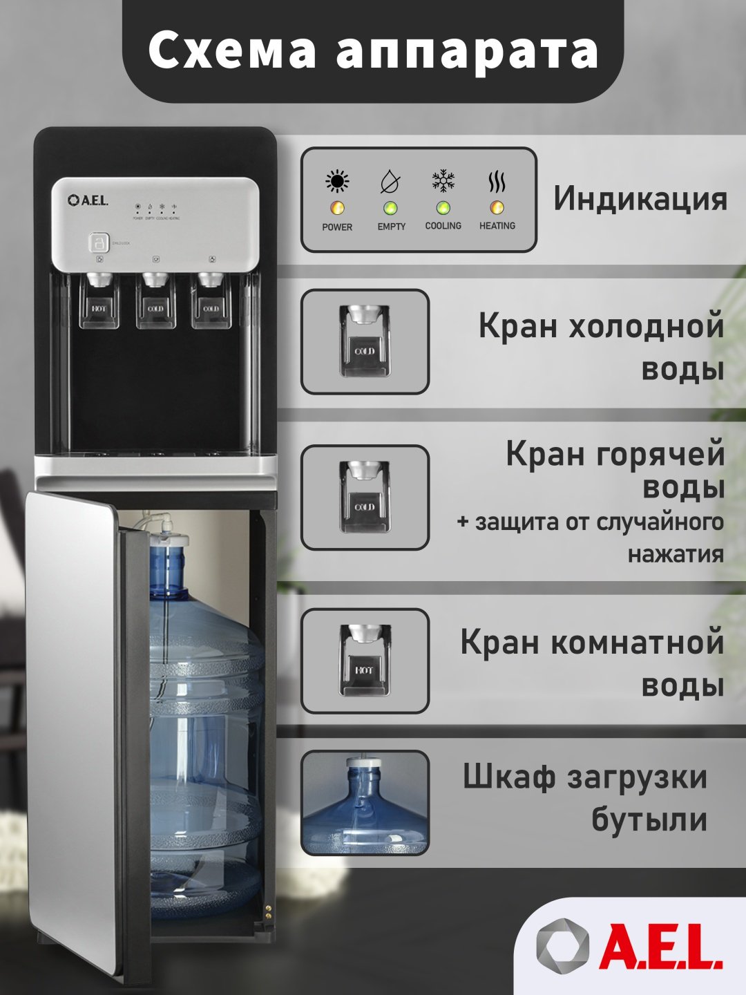 Кулер для воды A.E.L. LD-AEL-806a черный, серебристый - ForteMarket Кулер для воды A.E.L. LD-AEL-806a черный, серебристый купить,0