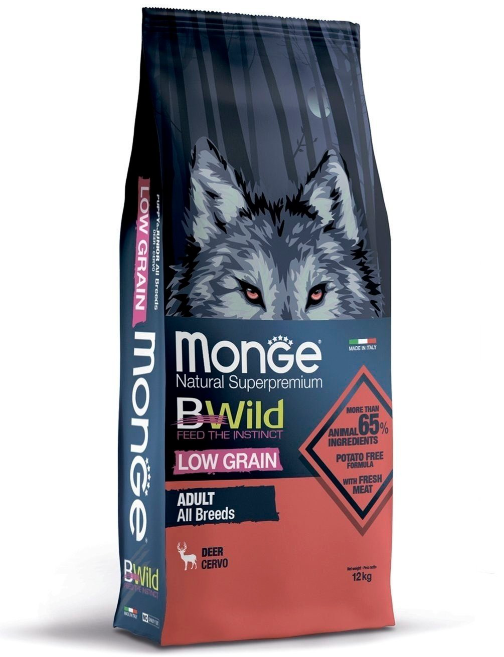 Корм Monge BWild Low Grain Оленина для взрослых всех пород 12 кг купить,61750