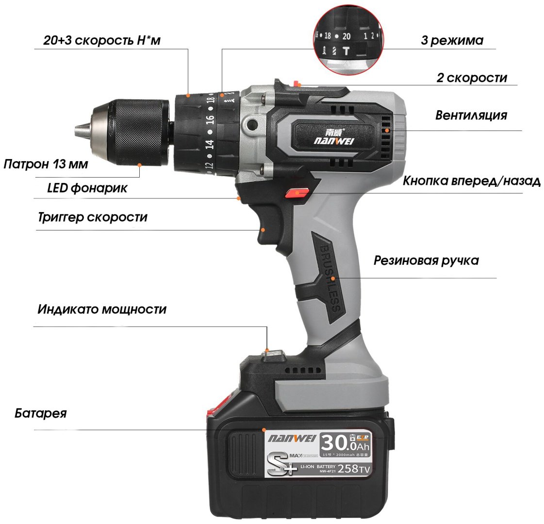 Nanwei дрель-шуруповерт NW-HC-3B16 6Ahx2 купить,0