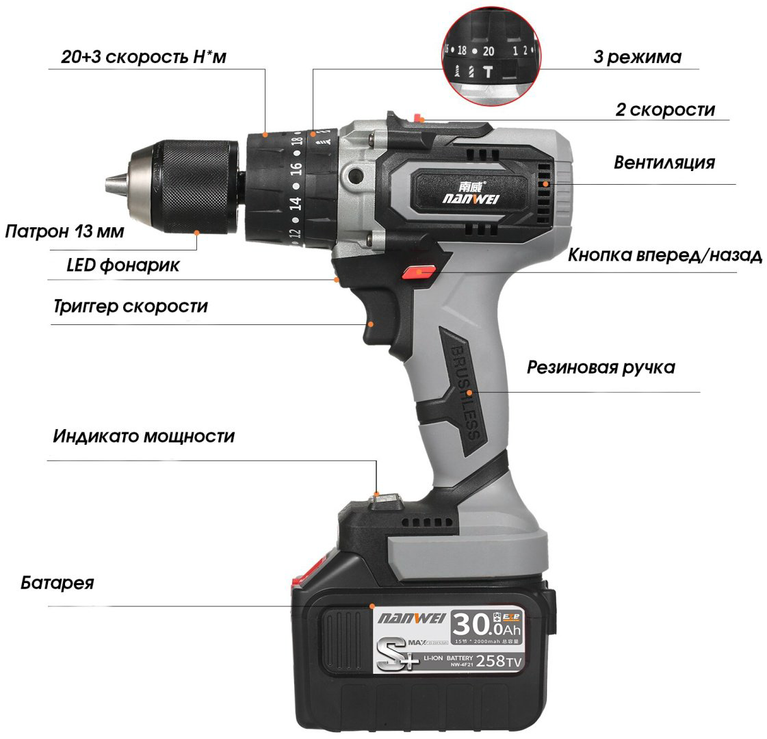 Nanwei дрель-шуруповерт NW-HC-3B16 6Ahx2 купить,NaN