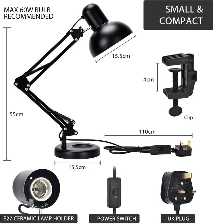 Настольная лампа Teksan Small & Compact AKB03327 E27 60 Вт черный купить,6500