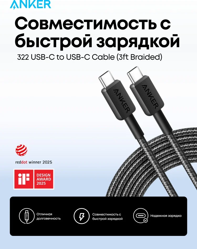 Кабель Anker A81F5G11 USB-C to USB-C 1м черный купить,3681