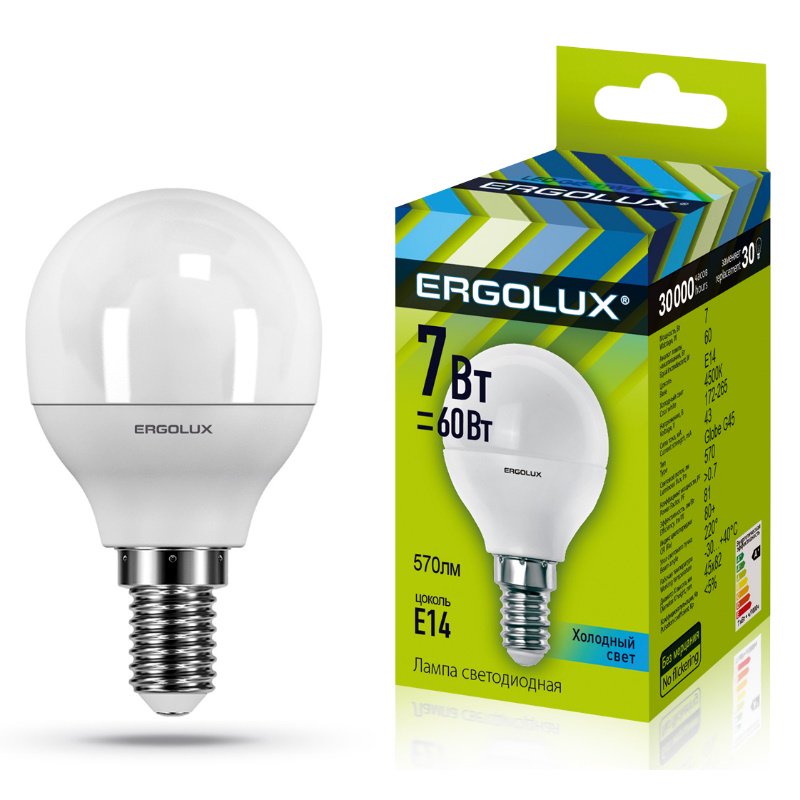 Лампа светодиодная Ergolux LED-G45-7W-E14-4500K