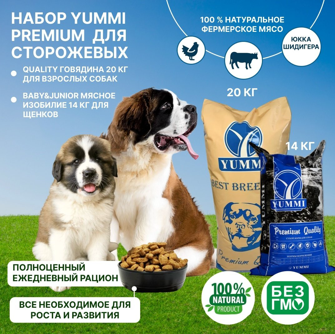 Корм YUMMI Premium Quality Говядина для взрослых сторожевых 20 кг + YUMMI Premium Quality Baby &amp; Junior Мясное изобилие для щенков сторожевых 14 кг купить,NaN