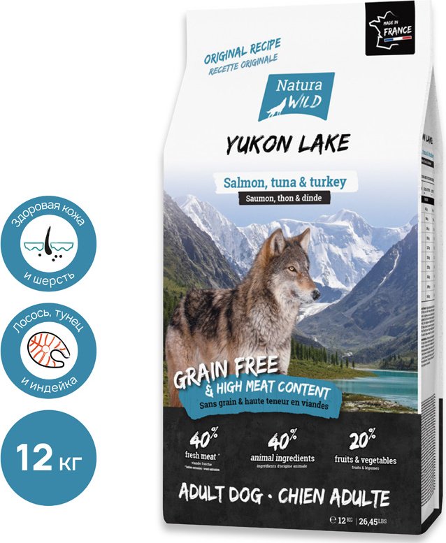 Корм Natura Wild Yukon Lake с лососем, тунцом и индейкой для взрослых всех пород 12 кг