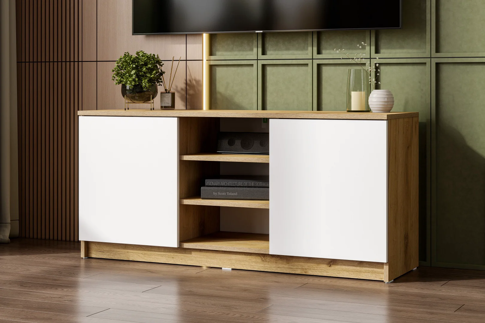 ТВ-тумба напольная GreenMebel Люмо 120.2x55x37см белый, коричневый купить,23990