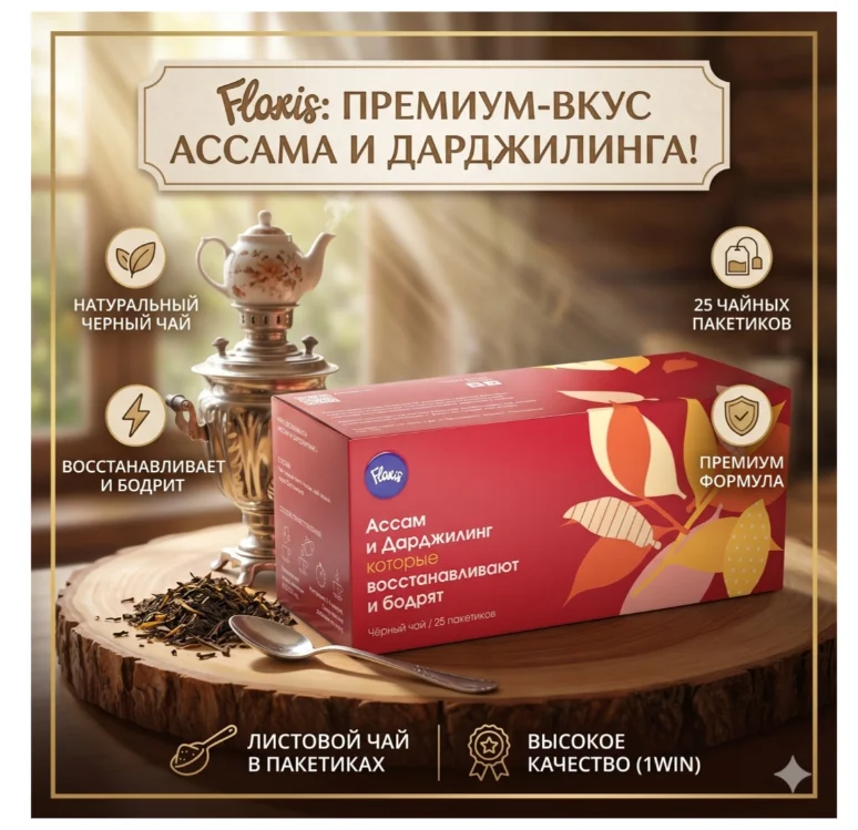 Чай черный Floris восстанавливает и бодрит Ассам и Дарджилинг 25 пакетиков купить,NaN