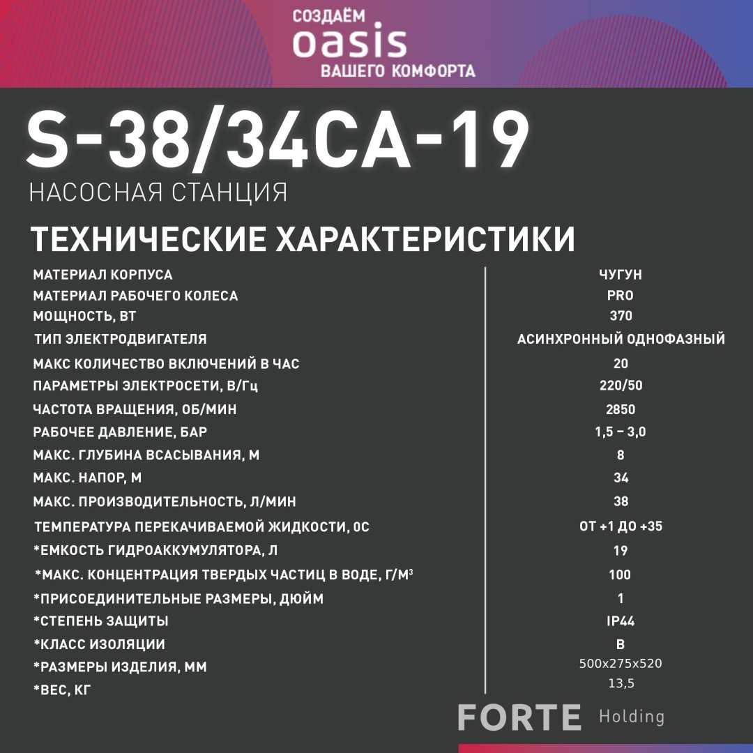 Насос поверхностный насосная станция Oasis S 38/34СА-19