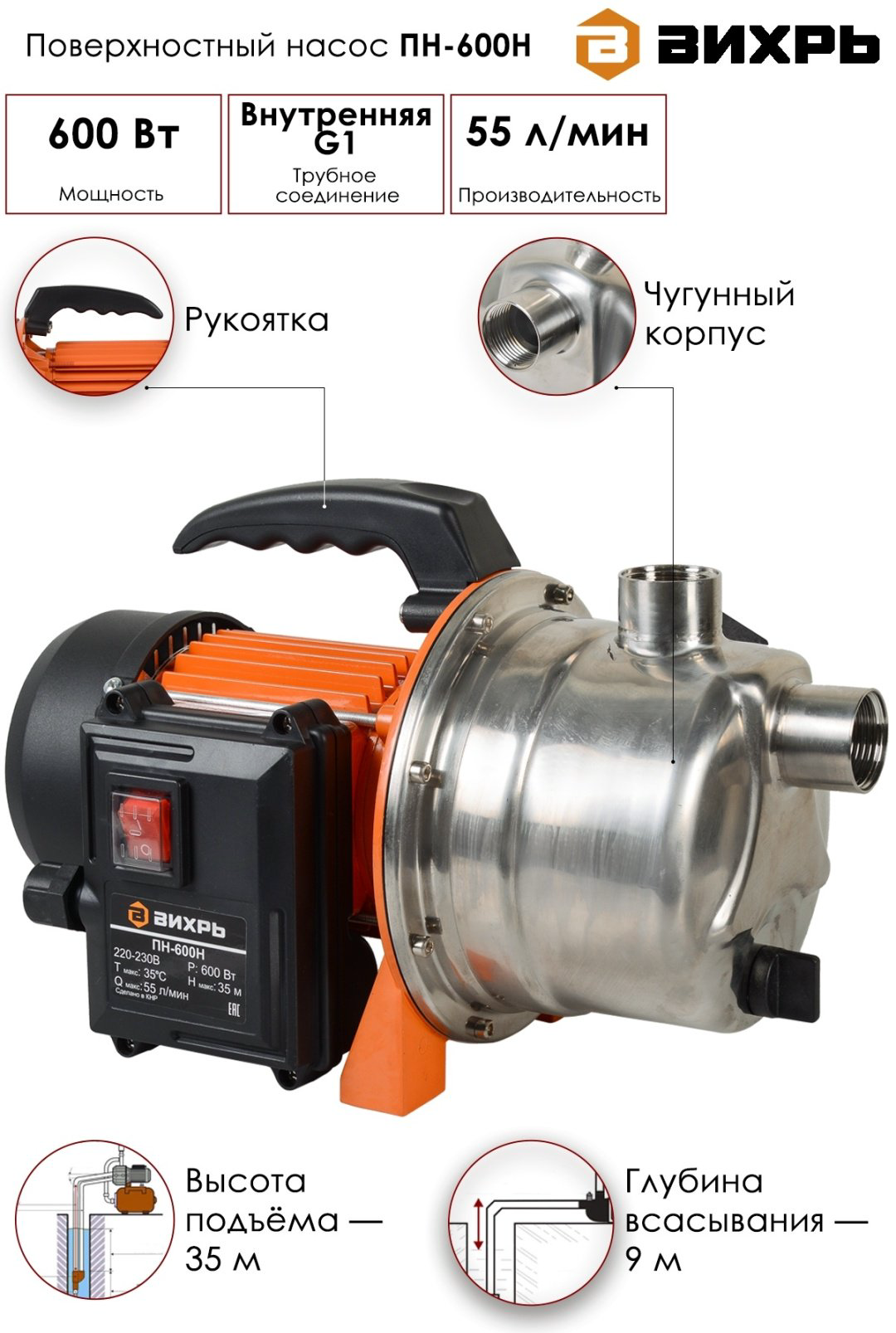 Насос поверхностный ВИХРЬ ПН-600Н купить,NaN