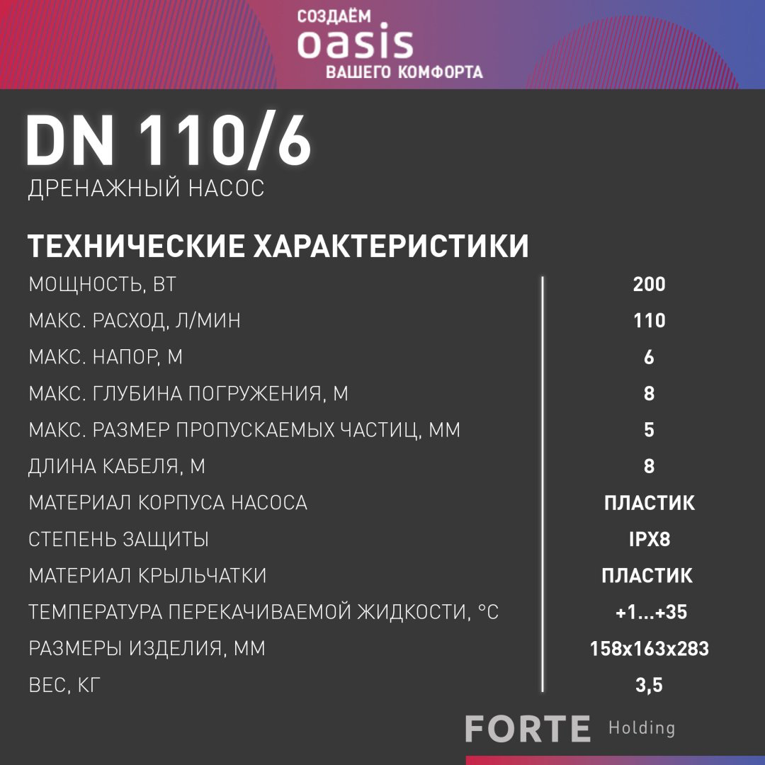 Насос погружной напорный дренажный центробежный Oasis DN 110/6 купить,NaN