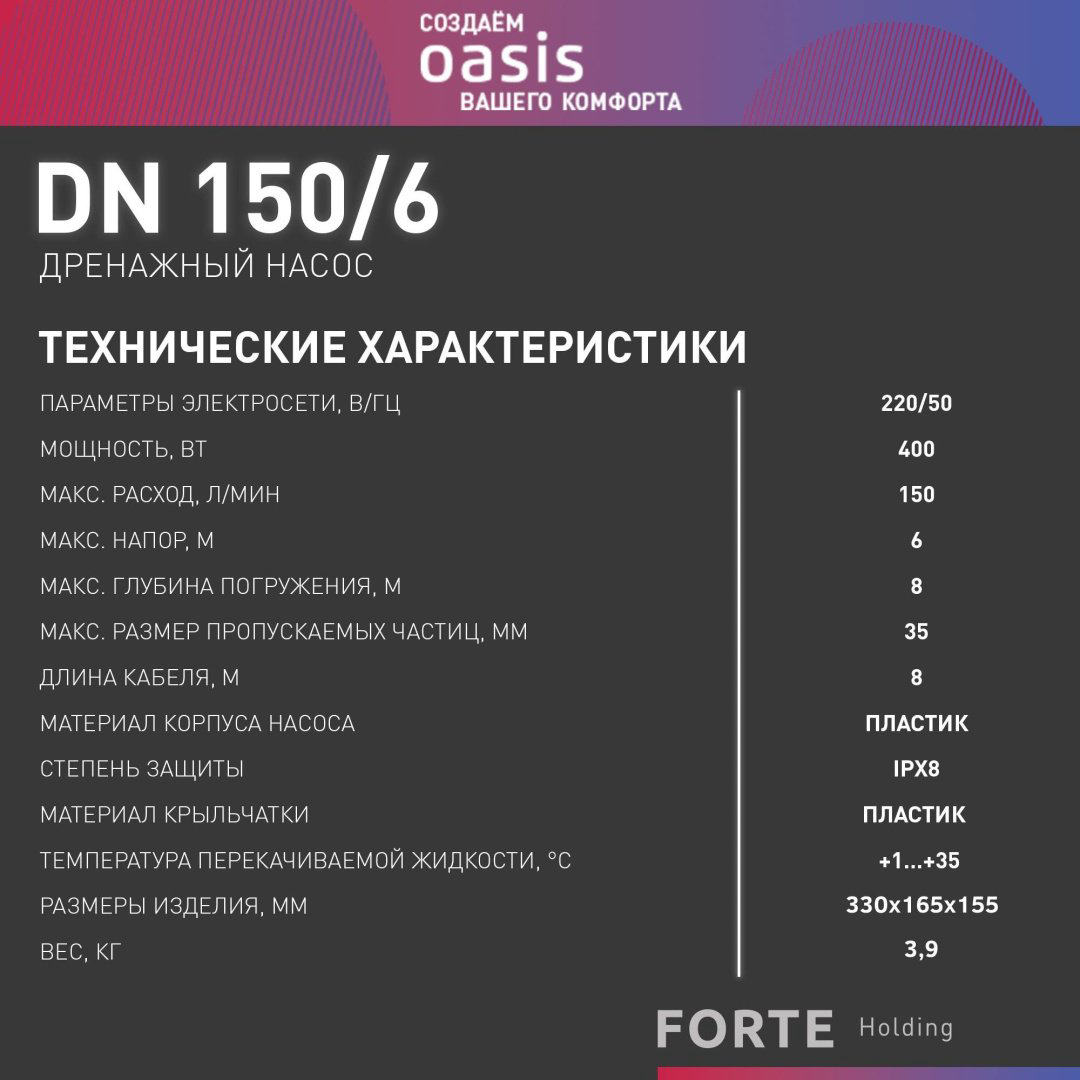 Насос погружной самовсасывающий дренажный центробежный Oasis DN 150/6 купить,NaN