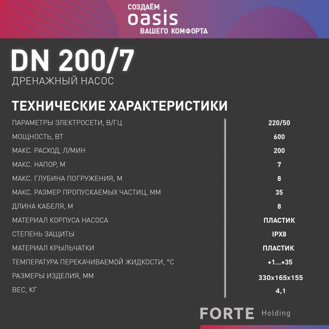 Насос погружной дренажный центробежный Oasis DN 200/7 купить,NaN