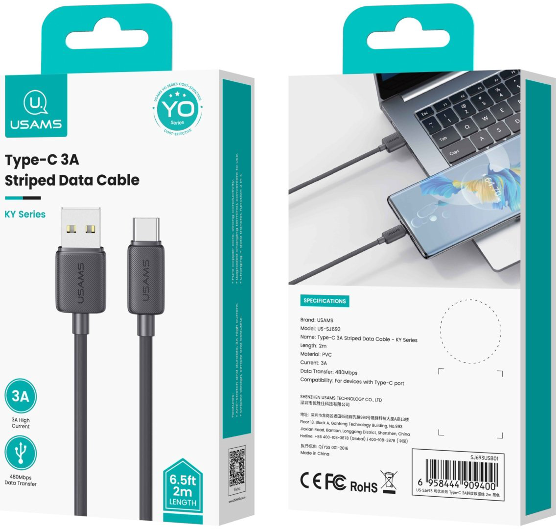 Кабель Usams USB 3.0 (M), USB TypeC (M), 2 м, черный купить,NaN