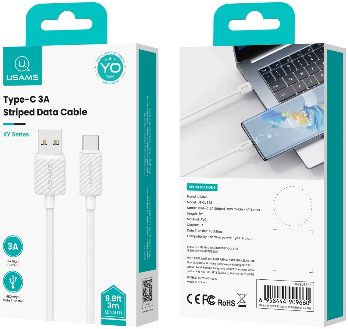 Кабель Usams USB 3.0 (M), USB TypeC (M), 3 м, белый купить,0