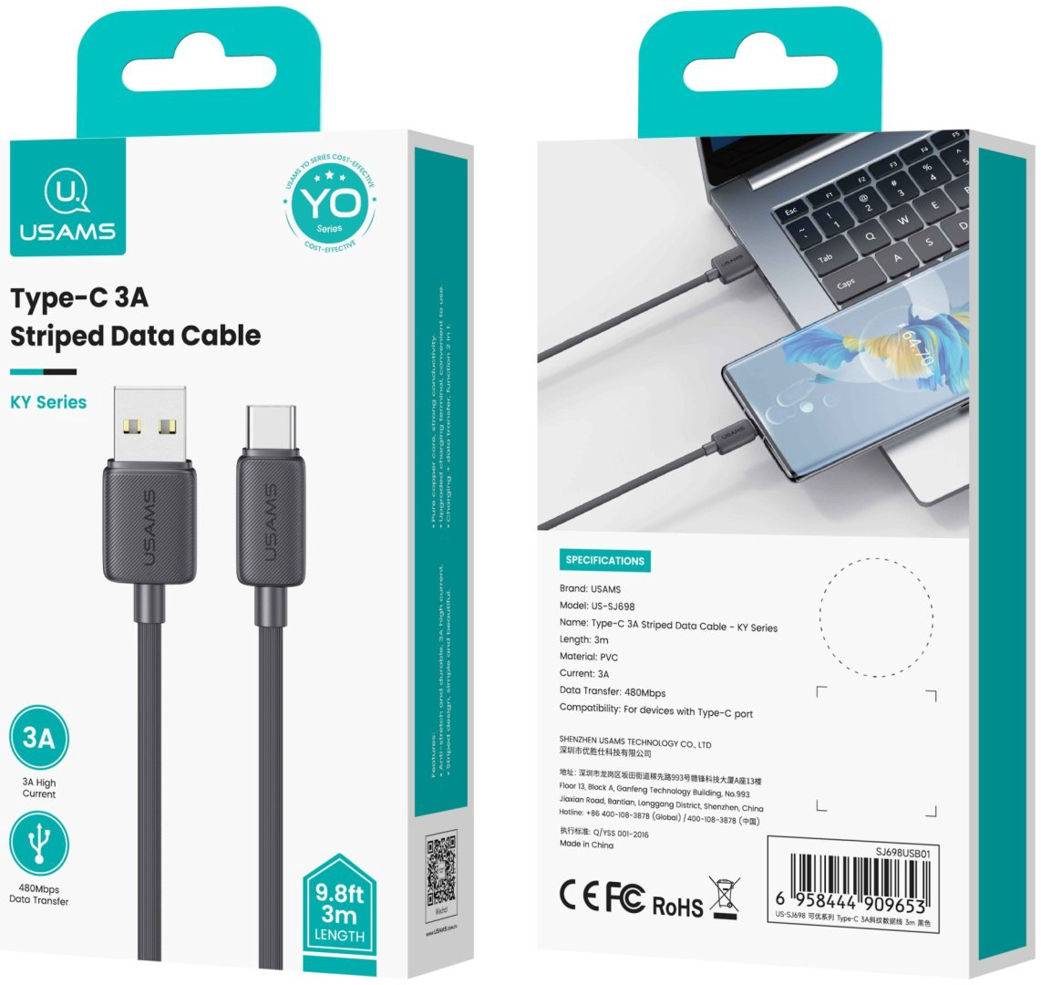 Кабель Usams USB 3.0 (M), USB TypeC (M), 3 м, черный купить,NaN