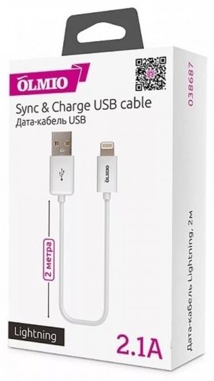 Кабель OLMIO USB 2.0 (M), Lightning (M), 2 м, белый купить,NaN