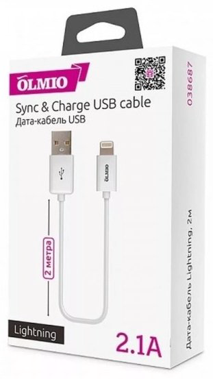 Кабель OLMIO USB 2.0 (M), Lightning (M), 2 м, белый купить,NaN