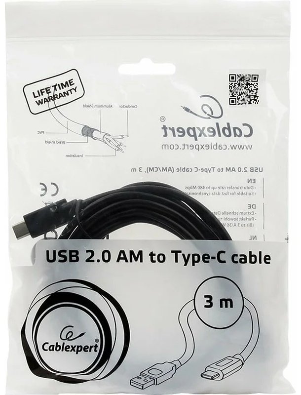 Кабель Cablexpert USB 2.0 (M), USB TypeC (M), 3 м, черный купить,0