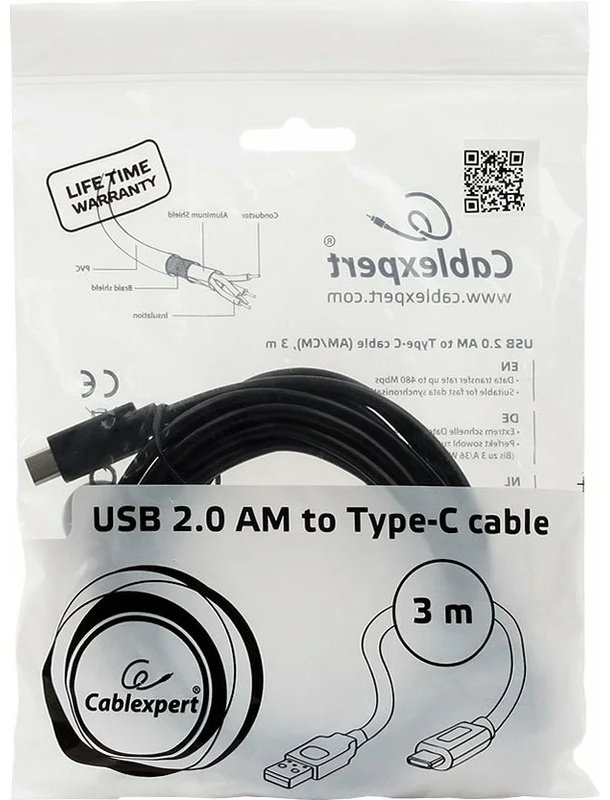 Кабель Cablexpert USB 2.0 (M), USB TypeC (M), 3 м, черный купить,NaN