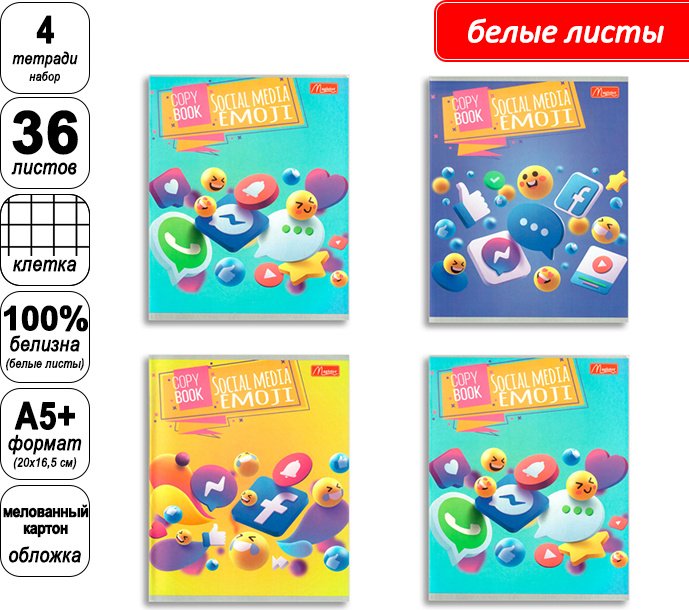 Набор общих тетрадей Magister Funny Smile, 36 л, А5+, клетка, мягкая обложка, 4 шт купить,NaN