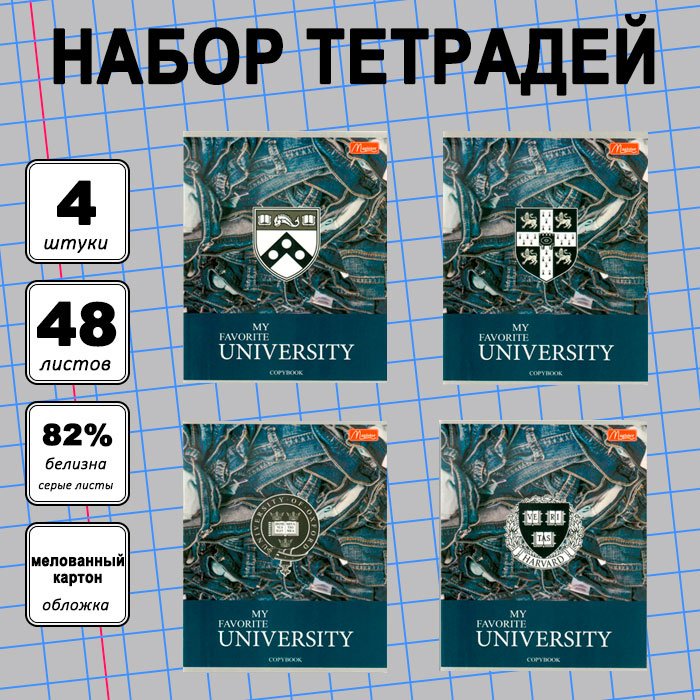Набор общих тетрадей Magister Jeans. University, 48 л, А5+, клетка, мягкая обложка, 4 шт купить,NaN