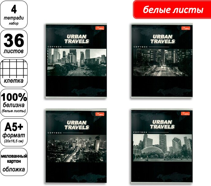 Набор общих тетрадей Magister Travel City, 36 л, А5+, клетка, мягкая обложка, 4 шт купить,NaN