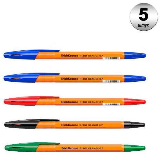 Ручка шариковая Erich Krause R-301 Orange Stick 5 шт, 0.7 мм, цвет чернил синий, красный, зеленый, черный купить,NaN